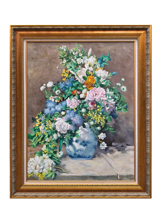 Hand-Painted Reproduction of Renoir's Vase of Spring Flowers - Impressionist Museum Quality Canvas Wall Art