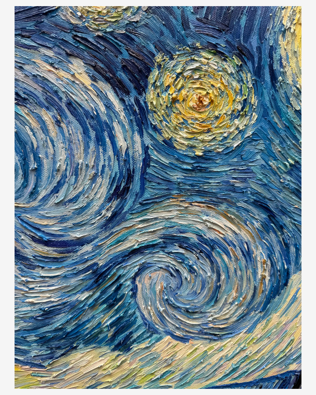 :Detaiedview of hand-painted swirlingyellow and blue paint layers onStarry Night recreation