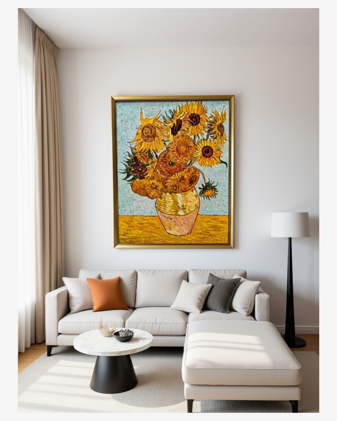 Van Gogh Sunflowersoil painting displayed inmodern luxury living