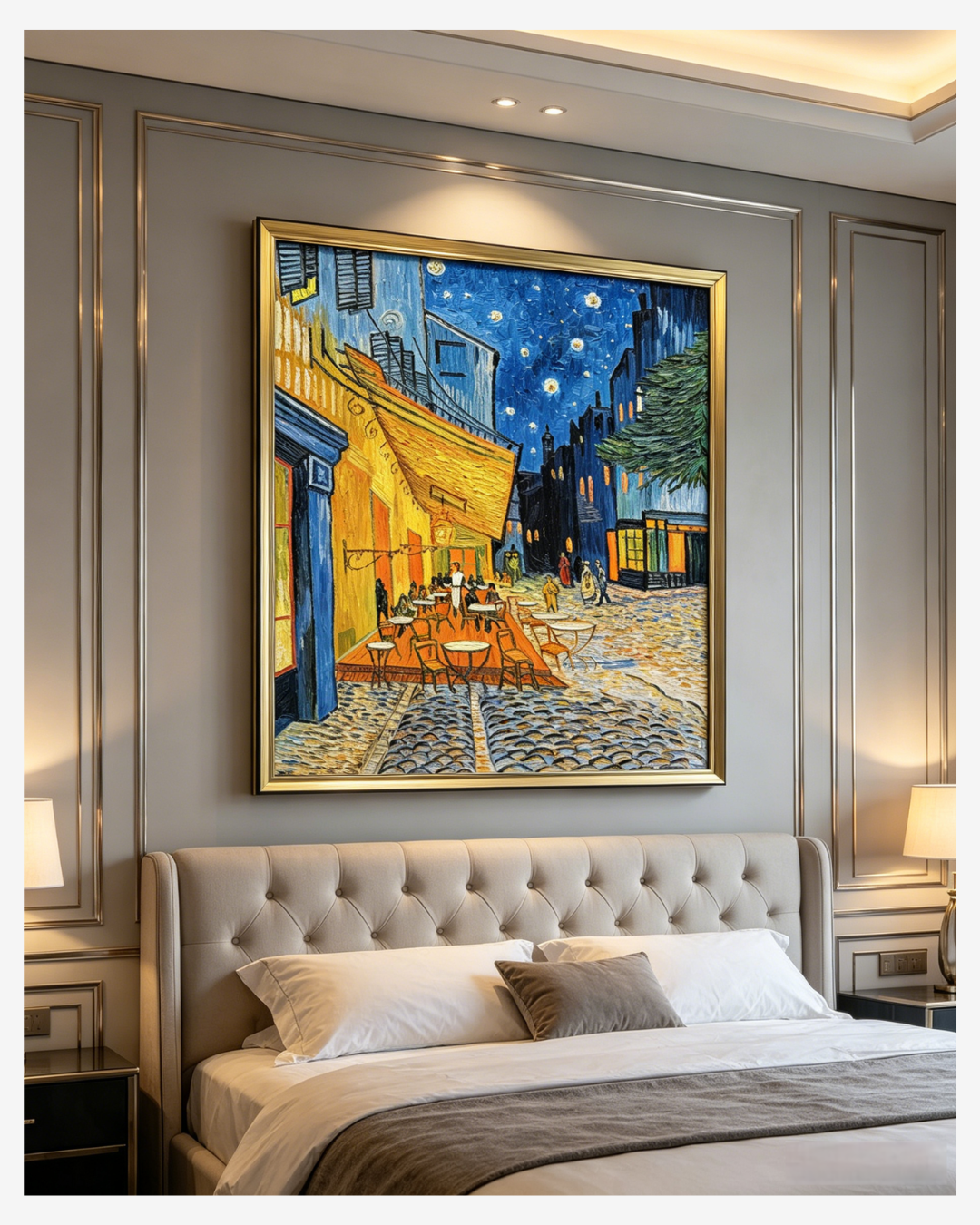 Hand-painted Cafe Terrace at Night canvas art in a modern elegant bedroom setup⁠