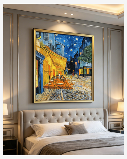 Hand-painted Cafe Terrace at Night canvas art in a modern elegant bedroom setup⁠
