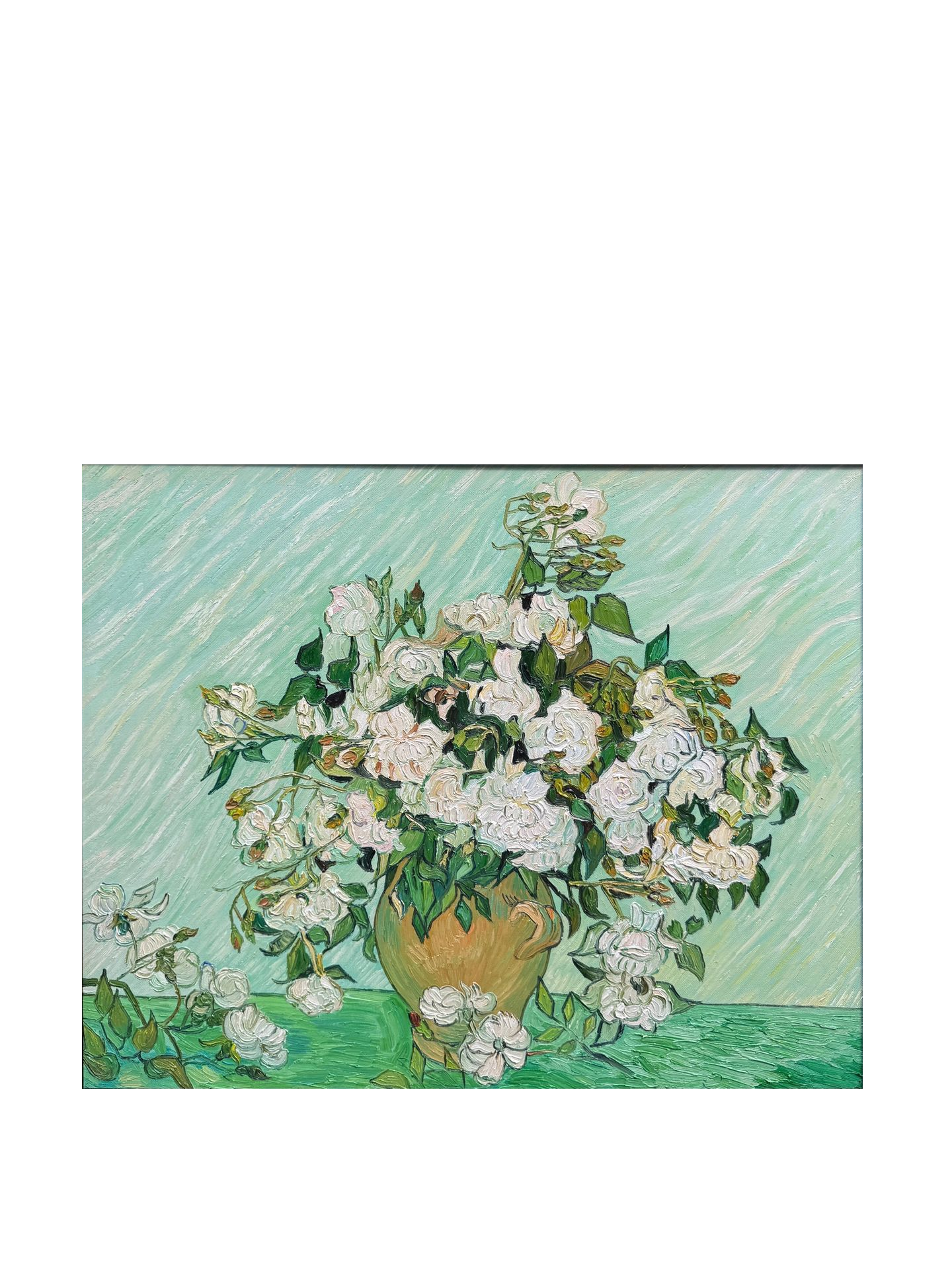 Hand-Painted Reproduction of Van Gogh's Vase with White Roses - Post-Impressionist Museum Quality Canvas Wall Art