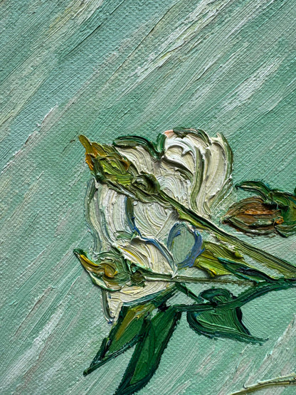 Hand-Painted Reproduction of Van Gogh's Vase with White Roses - Post-Impressionist Museum Quality Canvas Wall Art