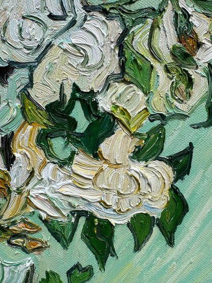 Hand-Painted Reproduction of Van Gogh's Vase with White Roses - Post-Impressionist Museum Quality Canvas Wall Art