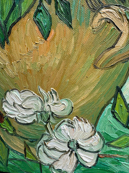 Hand-Painted Reproduction of Van Gogh's Vase with White Roses - Post-Impressionist Museum Quality Canvas Wall Art
