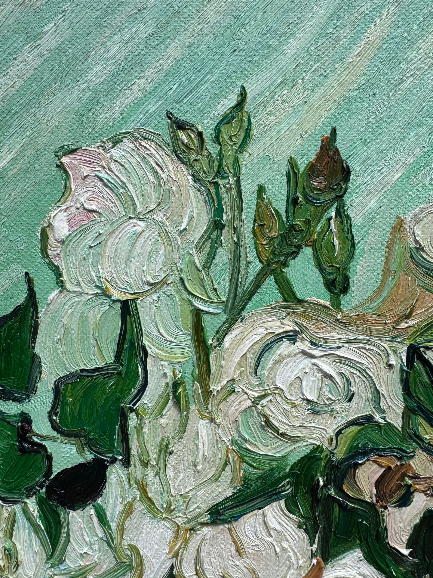 Hand-Painted Reproduction of Van Gogh's Vase with White Roses - Post-Impressionist Museum Quality Canvas Wall Art