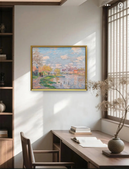 Hand-Painted Reproduction of Monet's Riverside Spring Landscape - Impressionist Museum Quality Canvas Wall Art