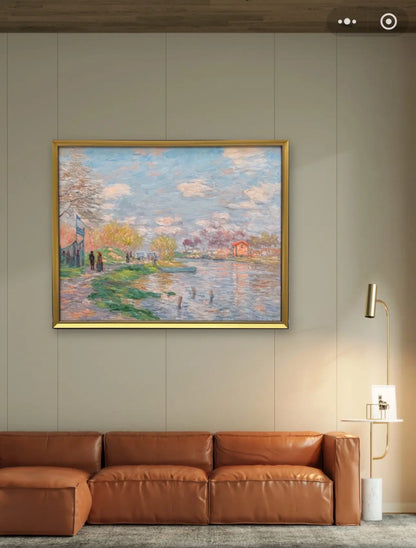 Hand-Painted Reproduction of Monet's Riverside Spring Landscape - Impressionist Museum Quality Canvas Wall Art