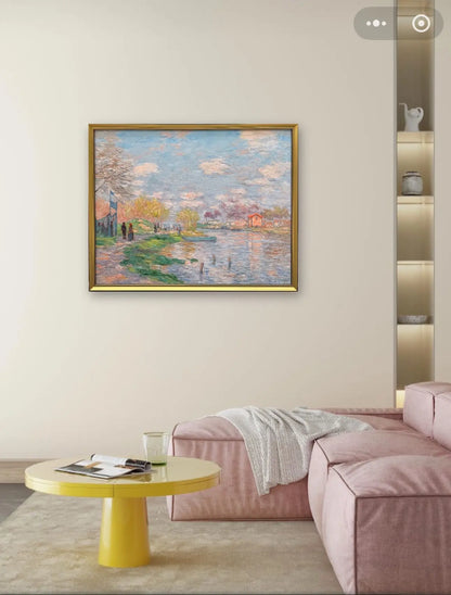 Hand-Painted Reproduction of Monet's Riverside Spring Landscape - Impressionist Museum Quality Canvas Wall Art