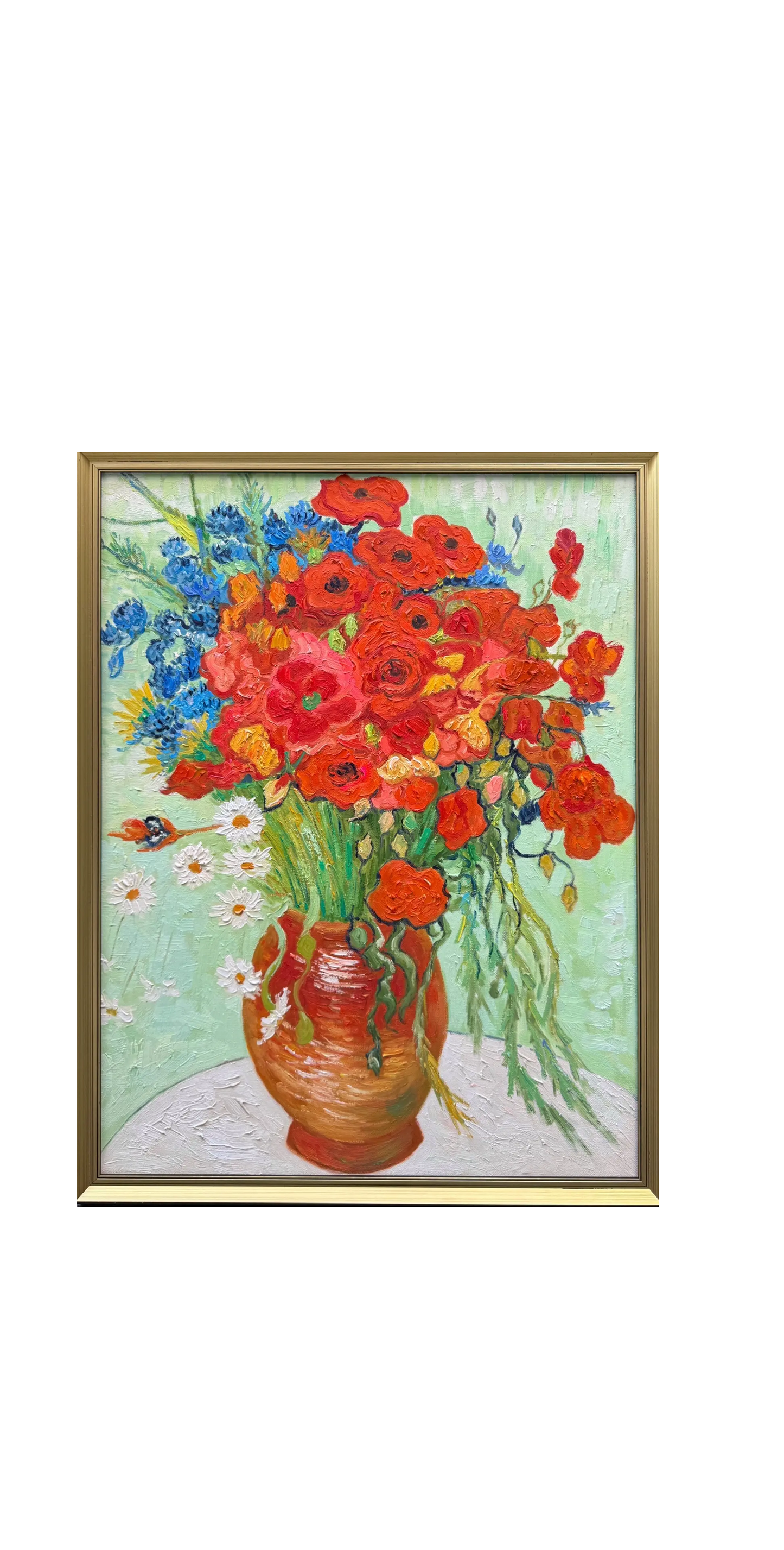 Hand-Painted Reproduction of Van Gogh's Vase with Red Poppies and Daisies - Post-Impressionist Museum Quality Canvas Wall Art