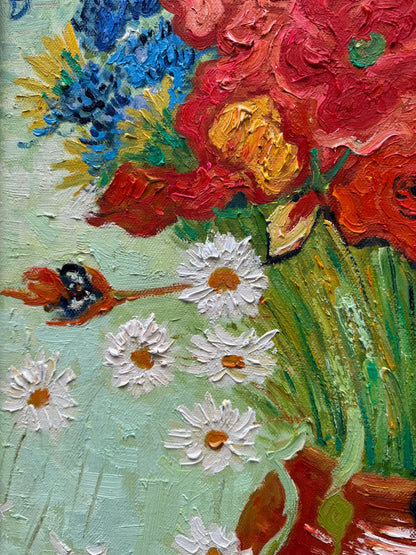 Hand-Painted Reproduction of Van Gogh's Vase with Red Poppies and Daisies - Post-Impressionist Museum Quality Canvas Wall Art