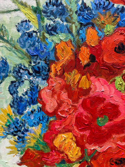 Hand-Painted Reproduction of Van Gogh's Vase with Red Poppies and Daisies - Post-Impressionist Museum Quality Canvas Wall Art