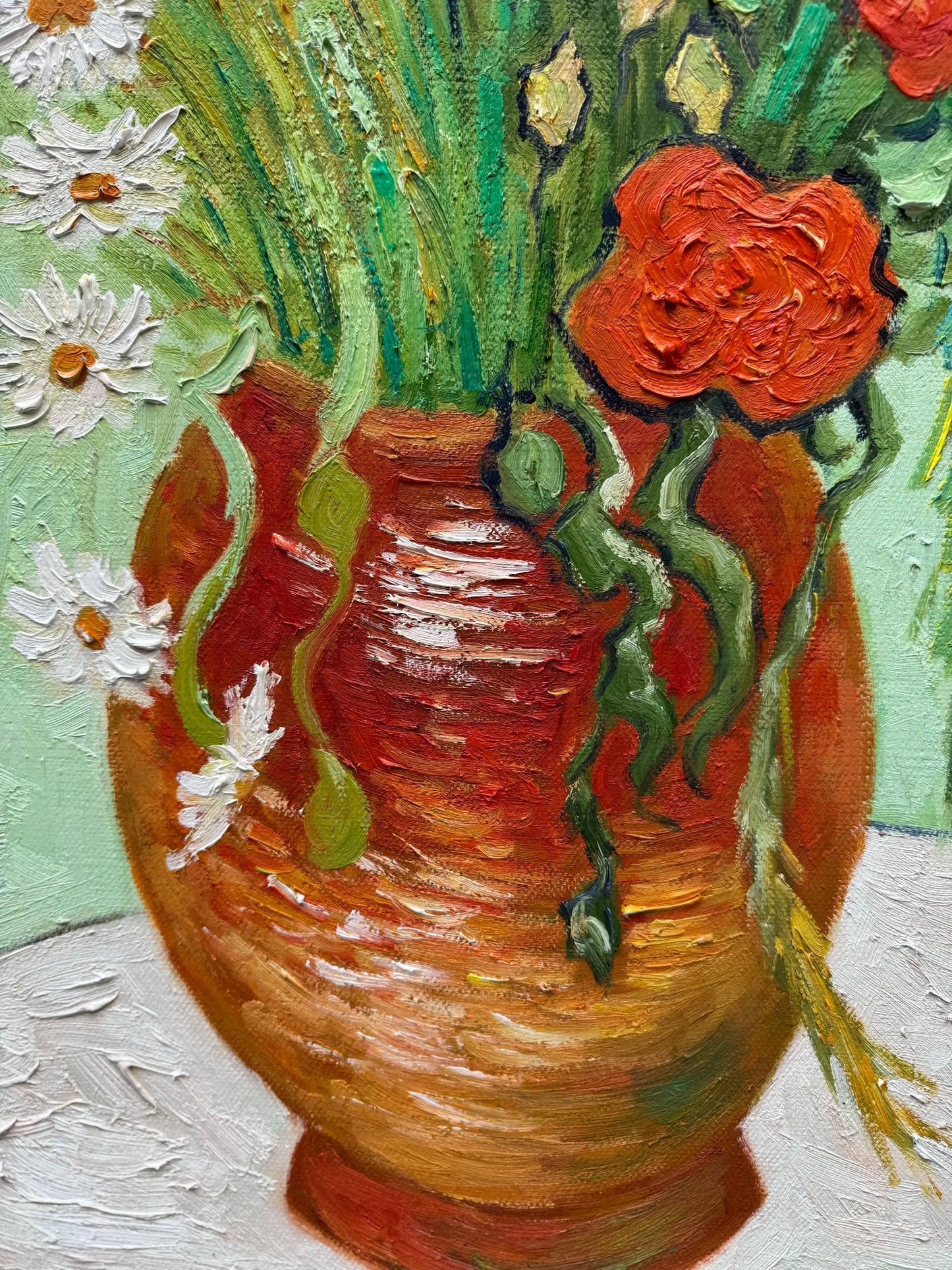 Hand-Painted Reproduction of Van Gogh's Vase with Red Poppies and Daisies - Post-Impressionist Museum Quality Canvas Wall Art