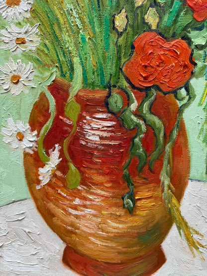 Hand-Painted Reproduction of Van Gogh's Vase with Red Poppies and Daisies - Post-Impressionist Museum Quality Canvas Wall Art