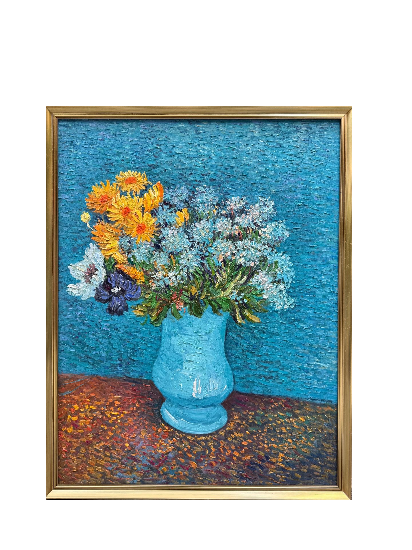 Hand-Painted Reproduction of Van Gogh's Blue Vase with Wildflowers - Post-Impressionist Museum Quality Canvas Wall Art