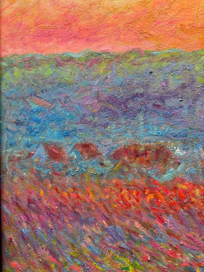  Detail shot of 'Haystacks' oil painting, showing sunrise sky color gradients and brushstrokes