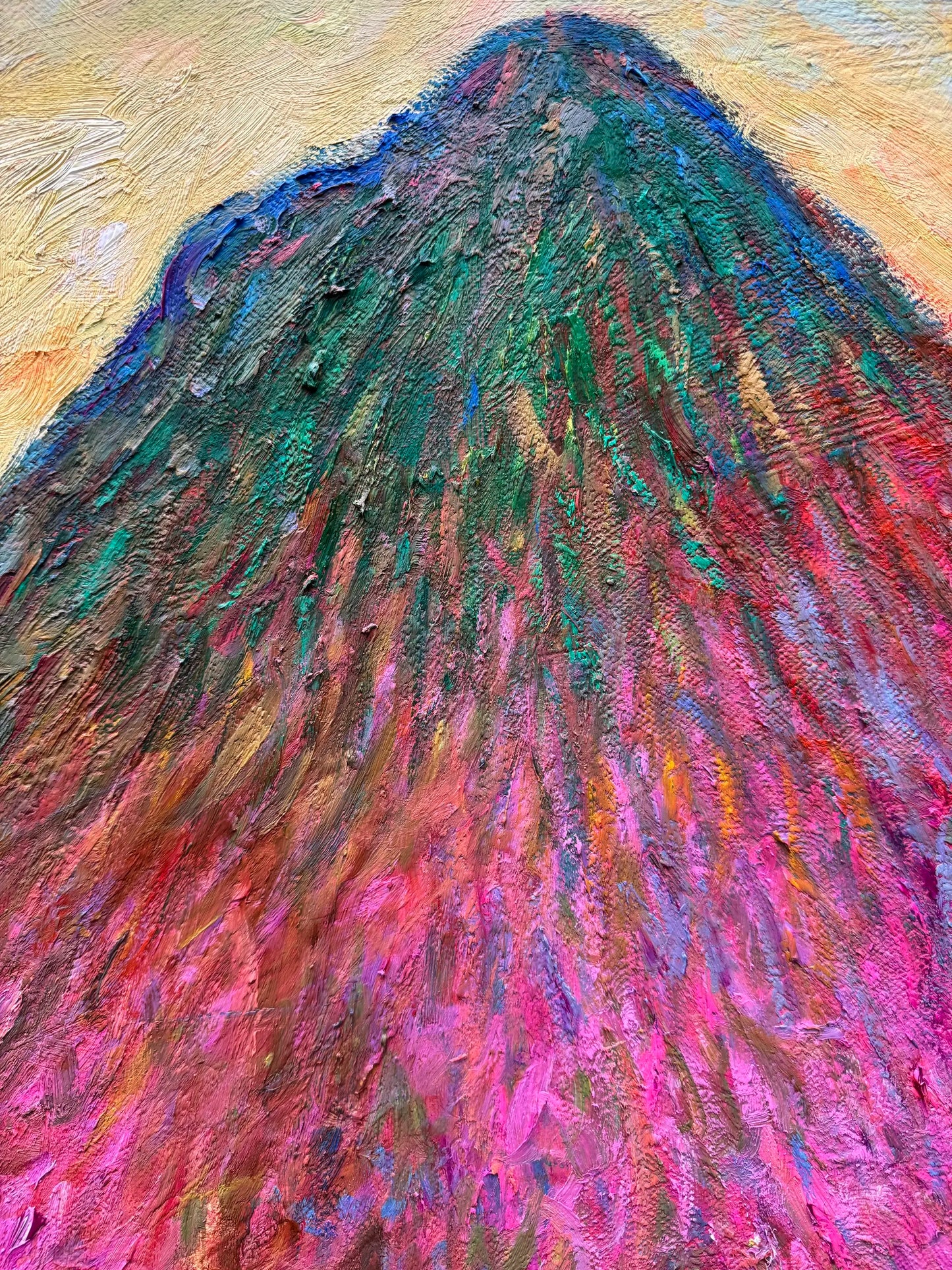 Close-up of the haystack in 'Haystacks' painting, impasto texture and layered colors 

