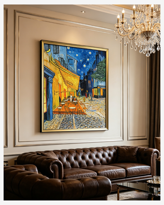  ⁠Van Gogh Cafe Terrace at Night oil painting hanging above a luxury dark leather sofa with a crystal chandelier⁠