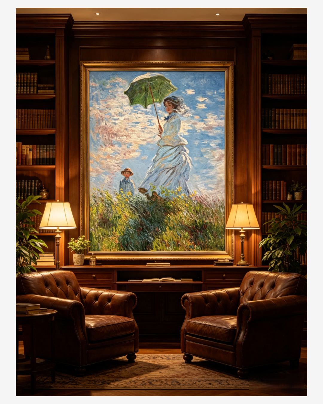 Monet0Woman with a Parasol oil paintingbetween dark wood bookshelves withleather chairs