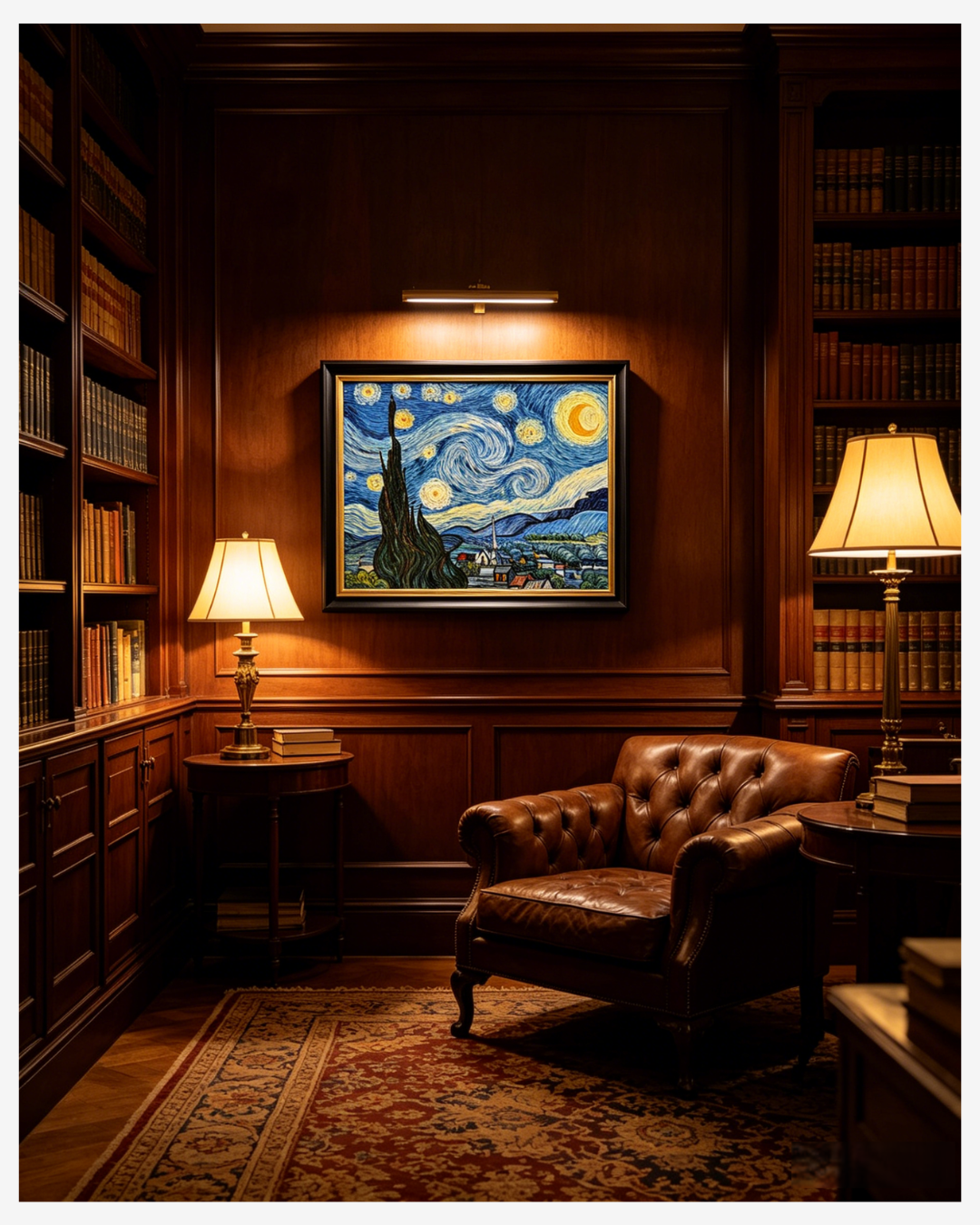 VanGogh The Starry Night oil paintingin a dark wood library with aclassic leather armchair