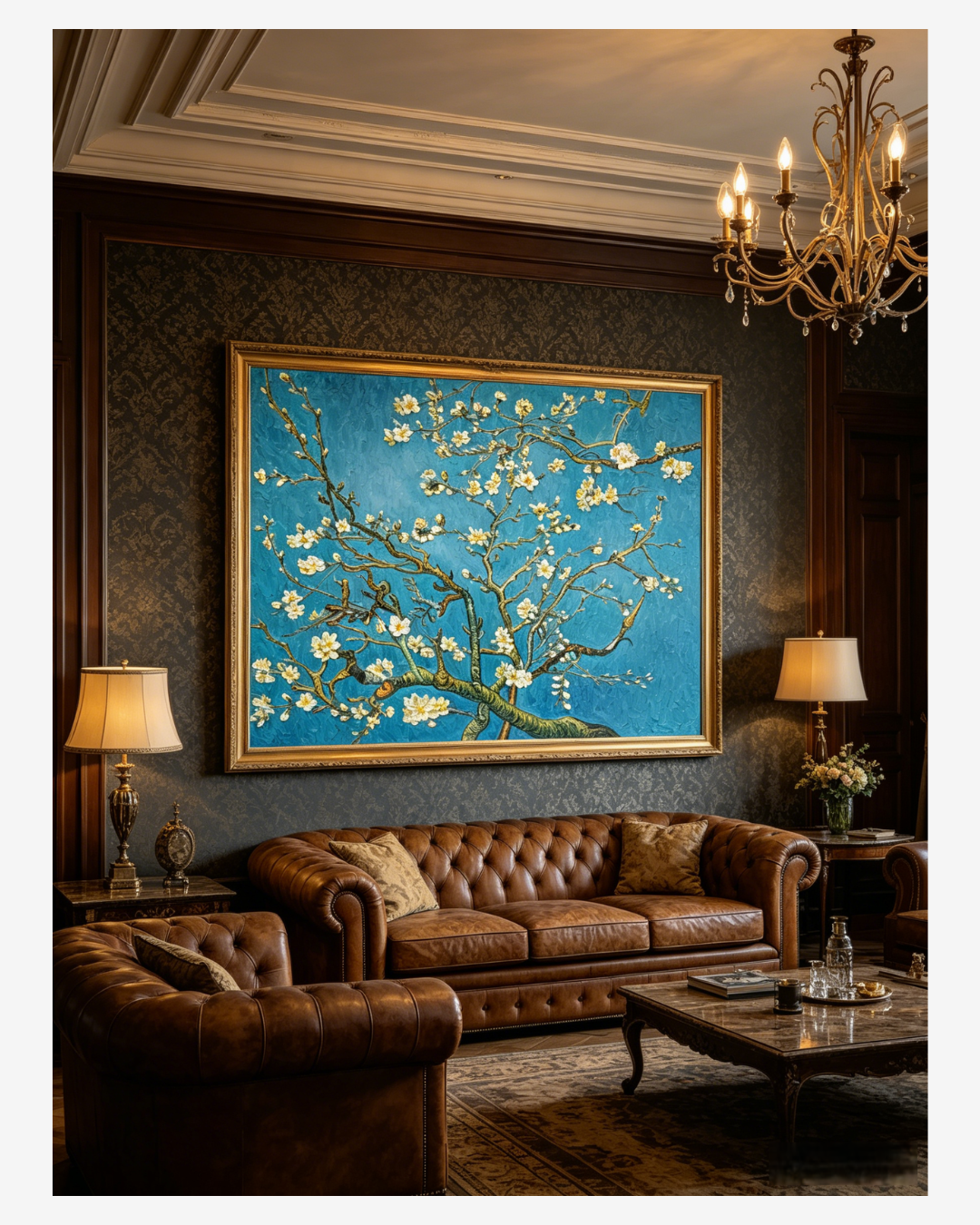 Van Gogh Almond Blossoms oilpainting in a large gold frame abovea classic leather sofa