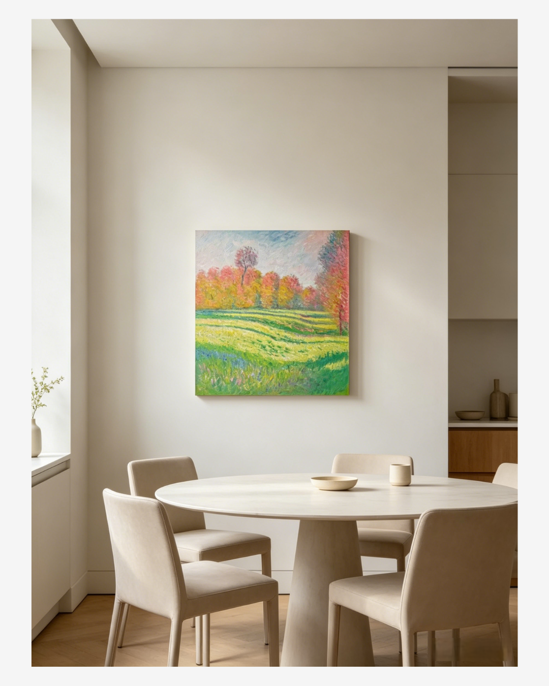 Hand-painted Monet Giverny meadow landscape oil painting on a textured cream wall in a minimalist dining room with a round oak table and four chairs, soft morning light