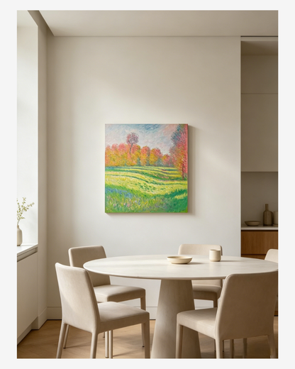 Hand-painted Monet Giverny meadow landscape oil painting on a textured cream wall in a minimalist dining room with a round oak table and four chairs, soft morning light