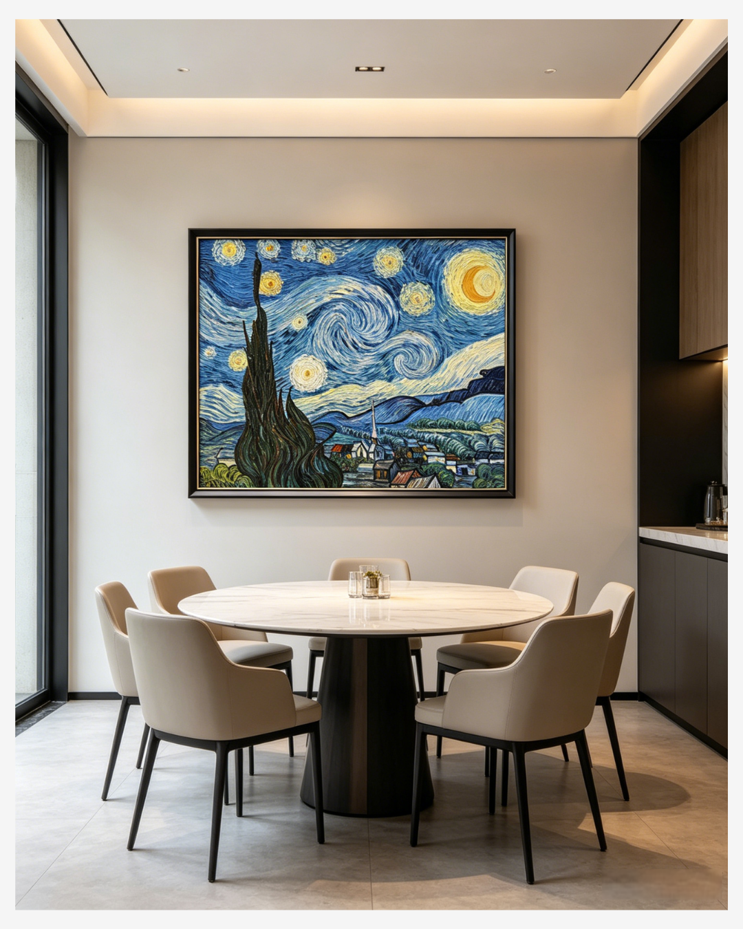 Hand-painted Starry Night reproductionin a luxury dining room with amarble round table