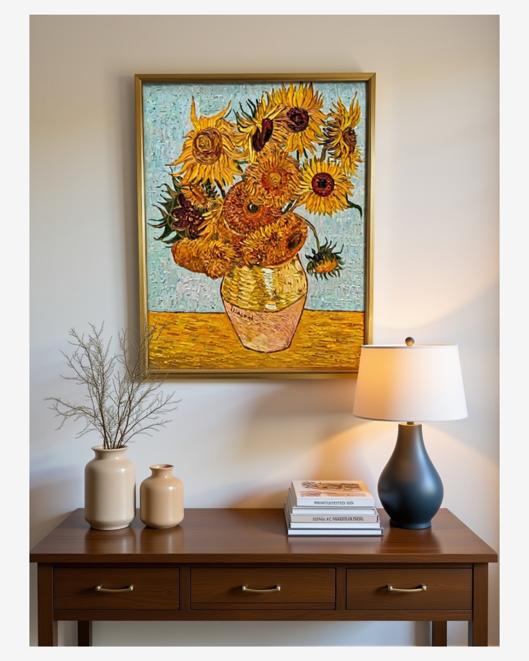 Sunflowers oil paintingon canvas in elegantentryway interior