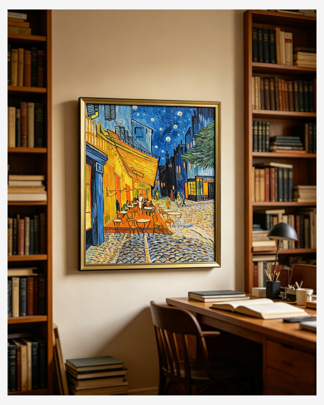 ⁠Van Gogh impressionist night scene reproduction displayed in a warm lit classic library⁠