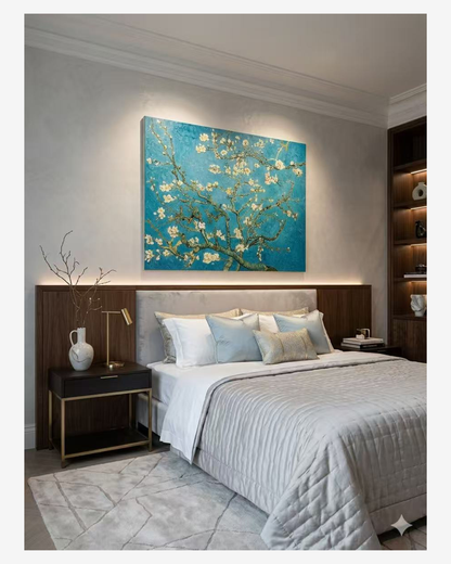 Van Gogh blue oil painting hangingabove a luxury bed with walnut woodwall paneling