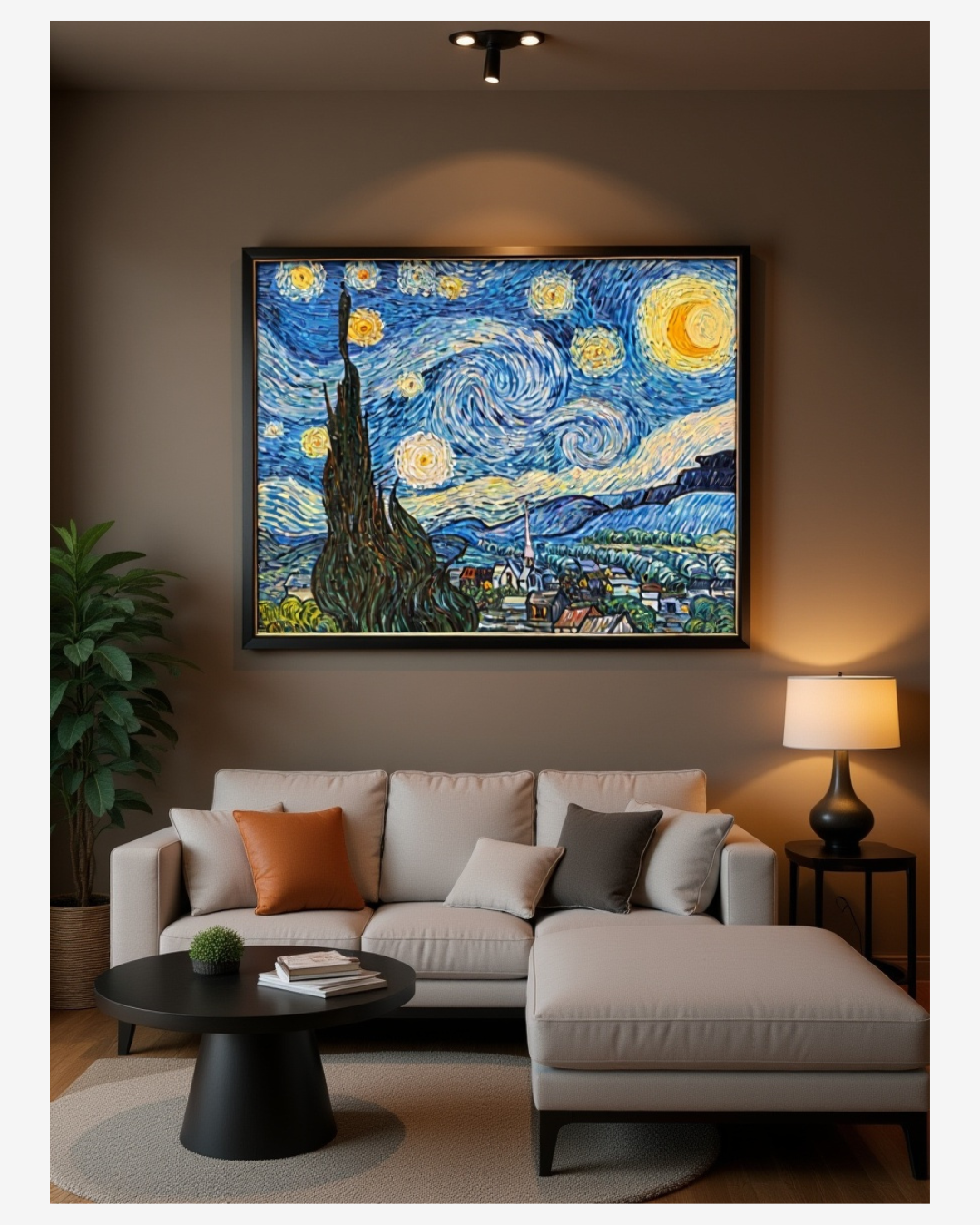 LargeStarry Night canvas art hangingabove a modern grey sectional sofain a living room