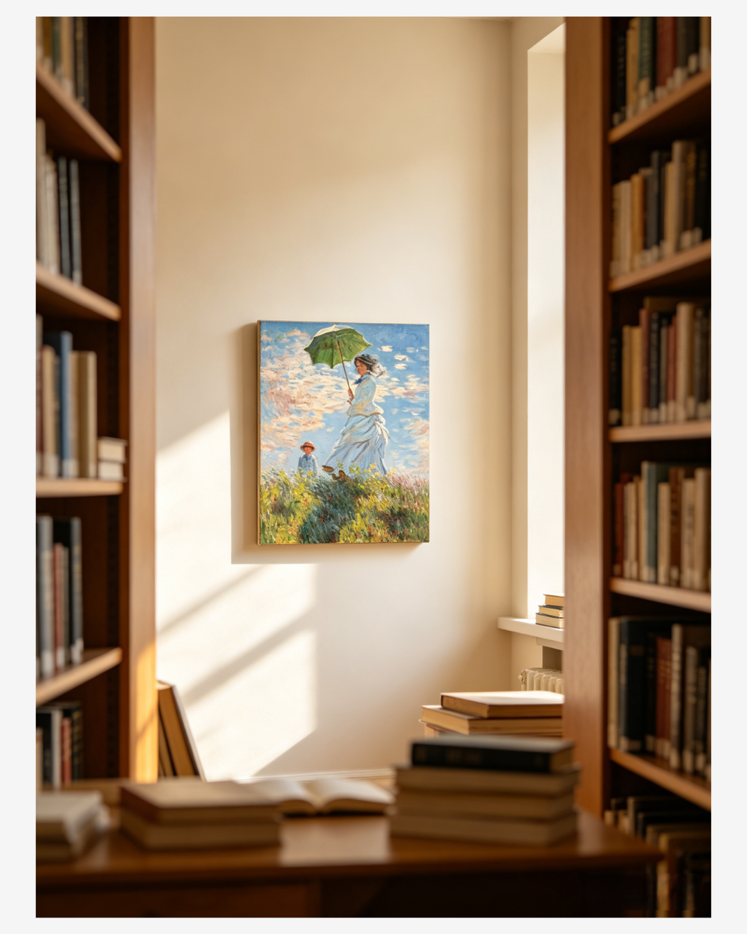 WomanwithaParasol wall art displayed in acozy reading corner with a