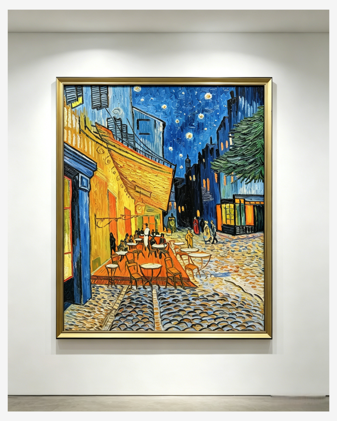 Framed Van Gogh Cafe Terrace at Night painting on a gallery clean wall⁠