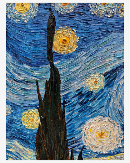 :Close-upshot of thick impasto brushstrokeson Van Gogh Starry Night canvas