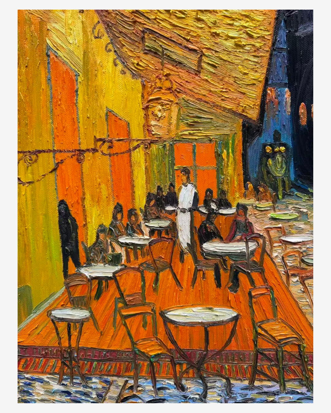 Close-up shot of detailed hand-painted brushstrokes and rich texture on the cafe terrace painting⁠