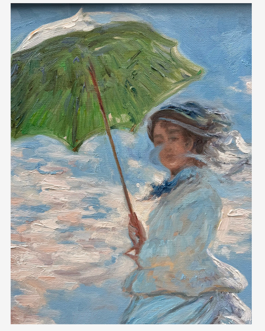 Close-up shotof hand-painted brushstrokes onMonet woman with parasol canvas