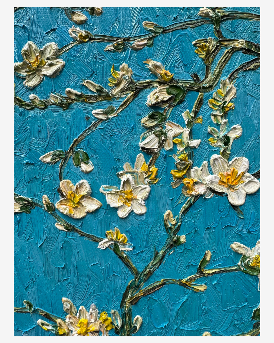 Close-up shot showing thick oilbrushstrokes on Van Gogh AlmondBlossoms canvas