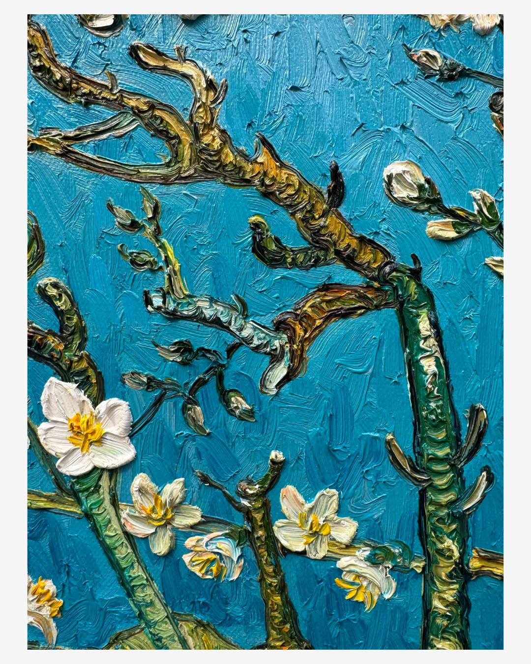 Detailed macro view of hand-paintedwhite blossoms on blue oil painting