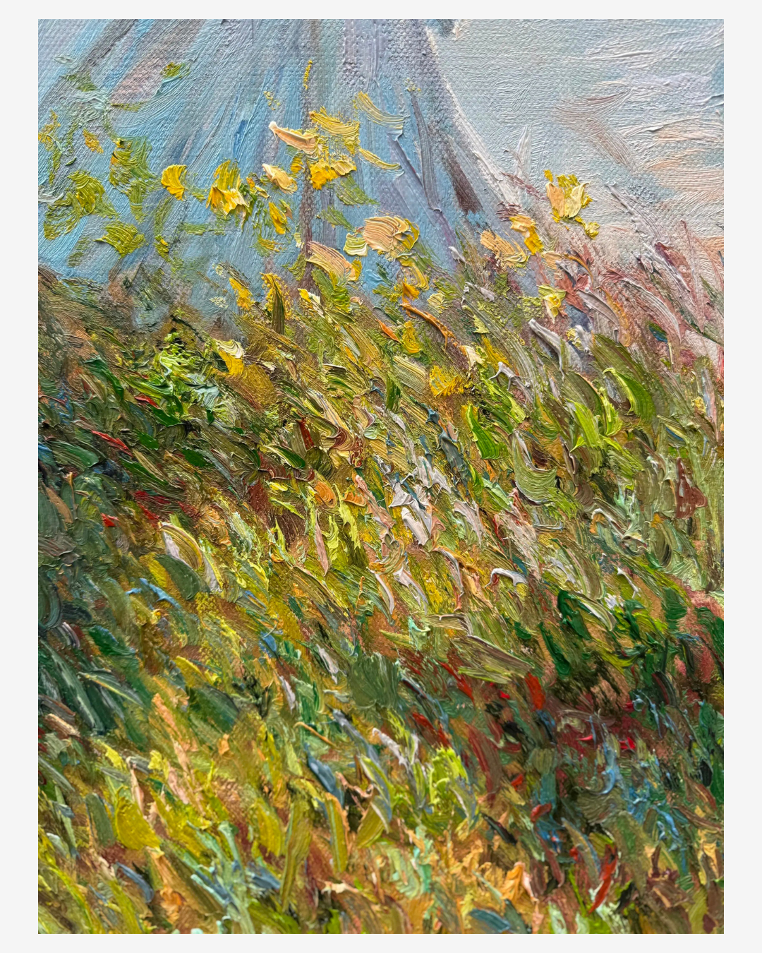 Detaied oipaint textures of grass andwildflowers on Monet masterreproduction
