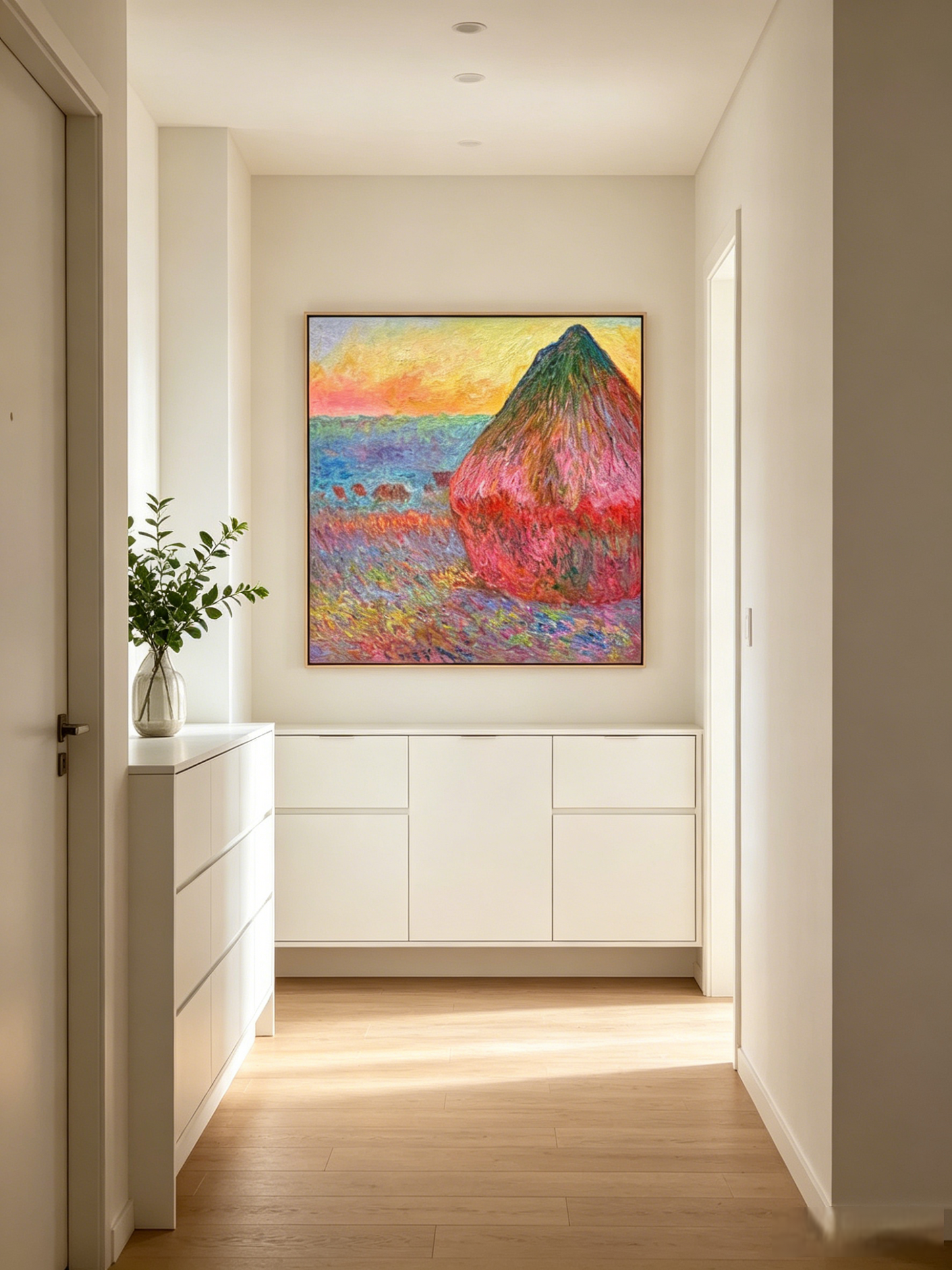  'Haystacks' oil painting displayed in a minimalist entryway wall decor