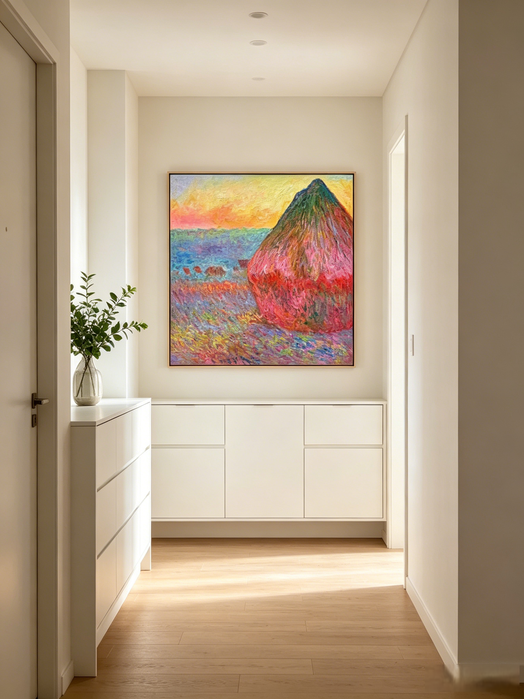  'Haystacks' oil painting displayed in a minimalist entryway wall decor
