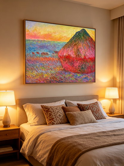  'Haystacks' oil painting as wall art above the bed in a warm-lit bedroom