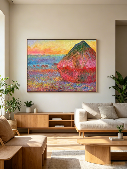 'Haystacks' painting hung above the sofa in a wood-style living room